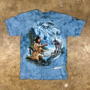 The Mountain Graphic T-Shirt Wolves Native Spirit Tie-Dye Small Blue